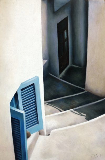 Christine Watson Blue Shutters, 2021, pastel on paper, 58x42cm. jpeg copy 2
